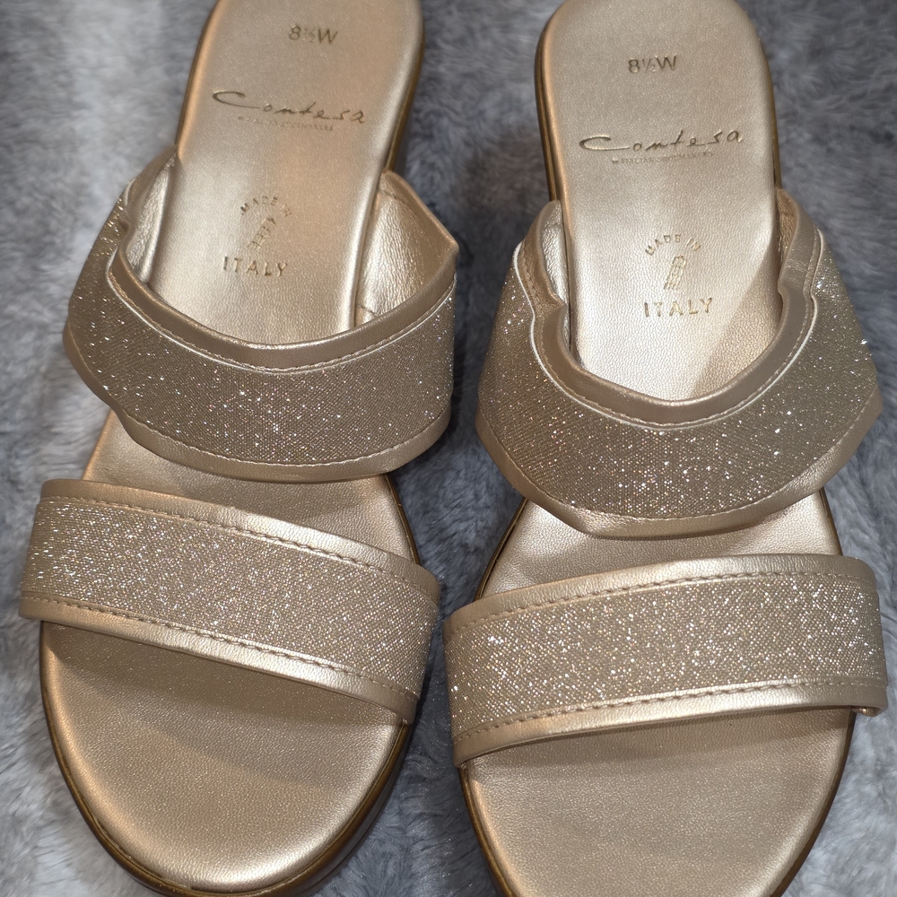 Contessa Metallic Gold Slide Sandals – Sparkle Double-Strap Women’s Slides
